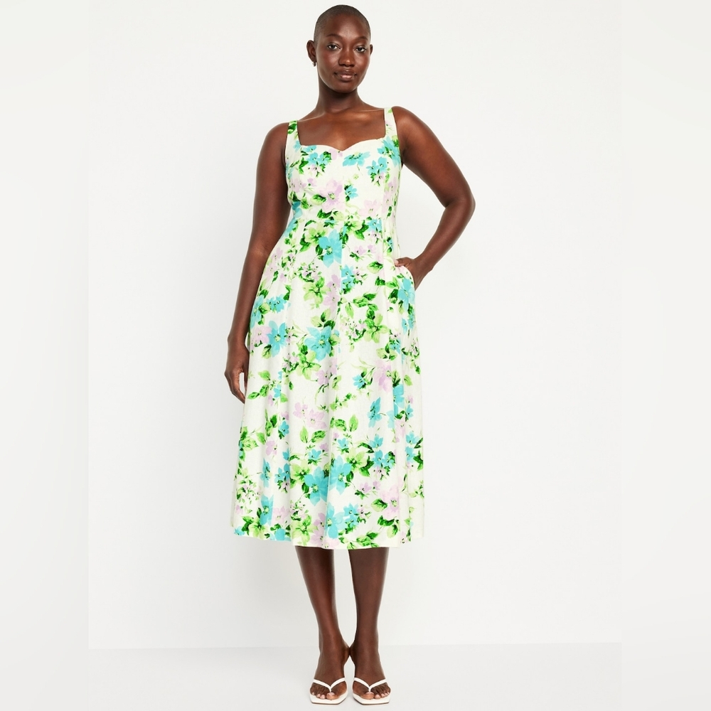 🤍💠 Old Navy Linen Viscose Floral Fit And Flare Midi Dress, L